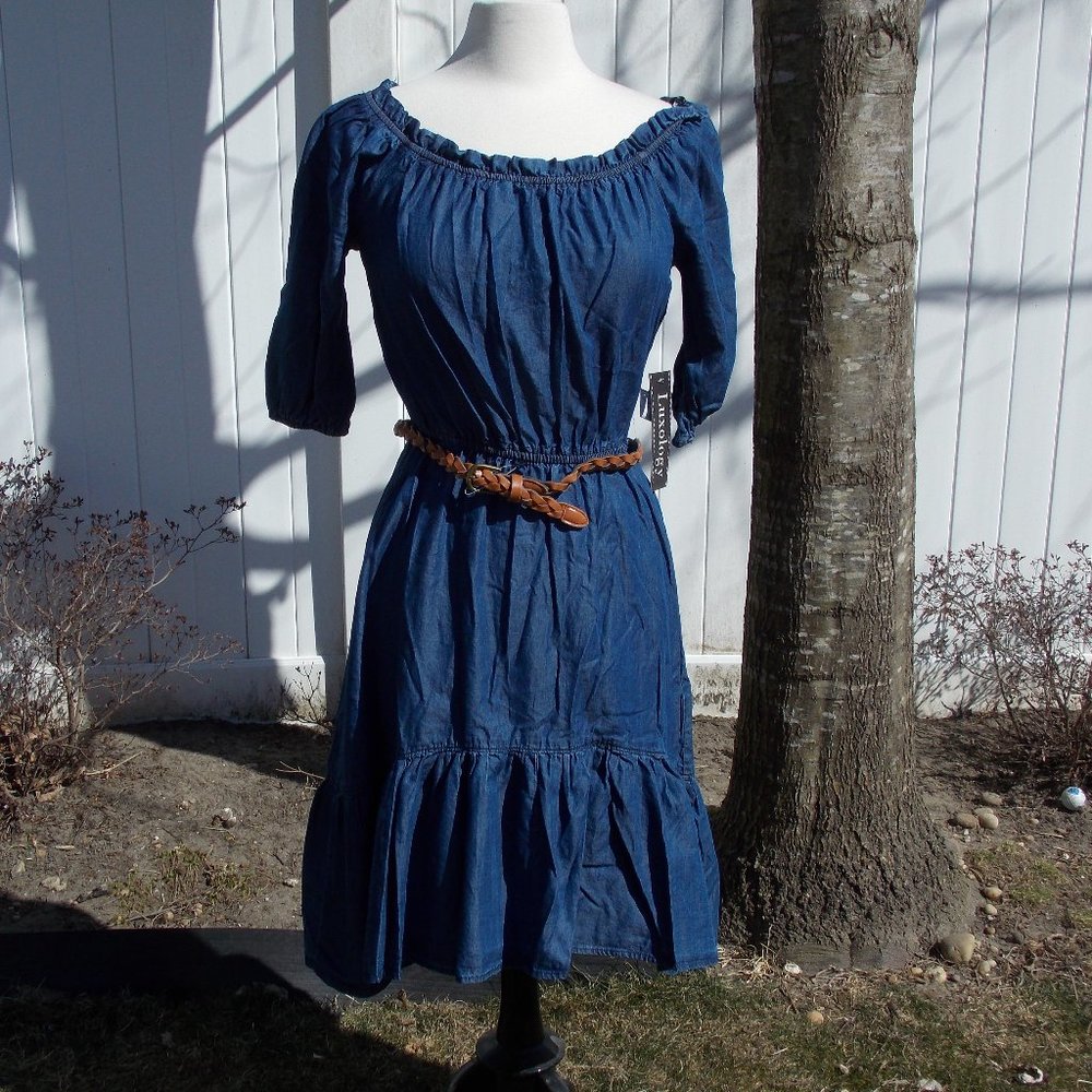 Peasant Off Shoulder Denim Dress Brand New